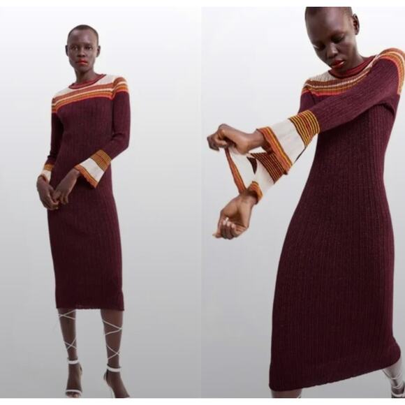Zara Ribbed Knit Shimmer Sweater Dress Metallic Bell Sleeves Long Burgundy Large - Picture 11 of 12